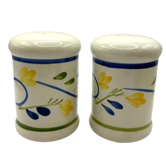 Vintage Ceramic Salt and Pepper Shakers White Glass Floral Blue Orange Green 4" - Picture 2 of 9